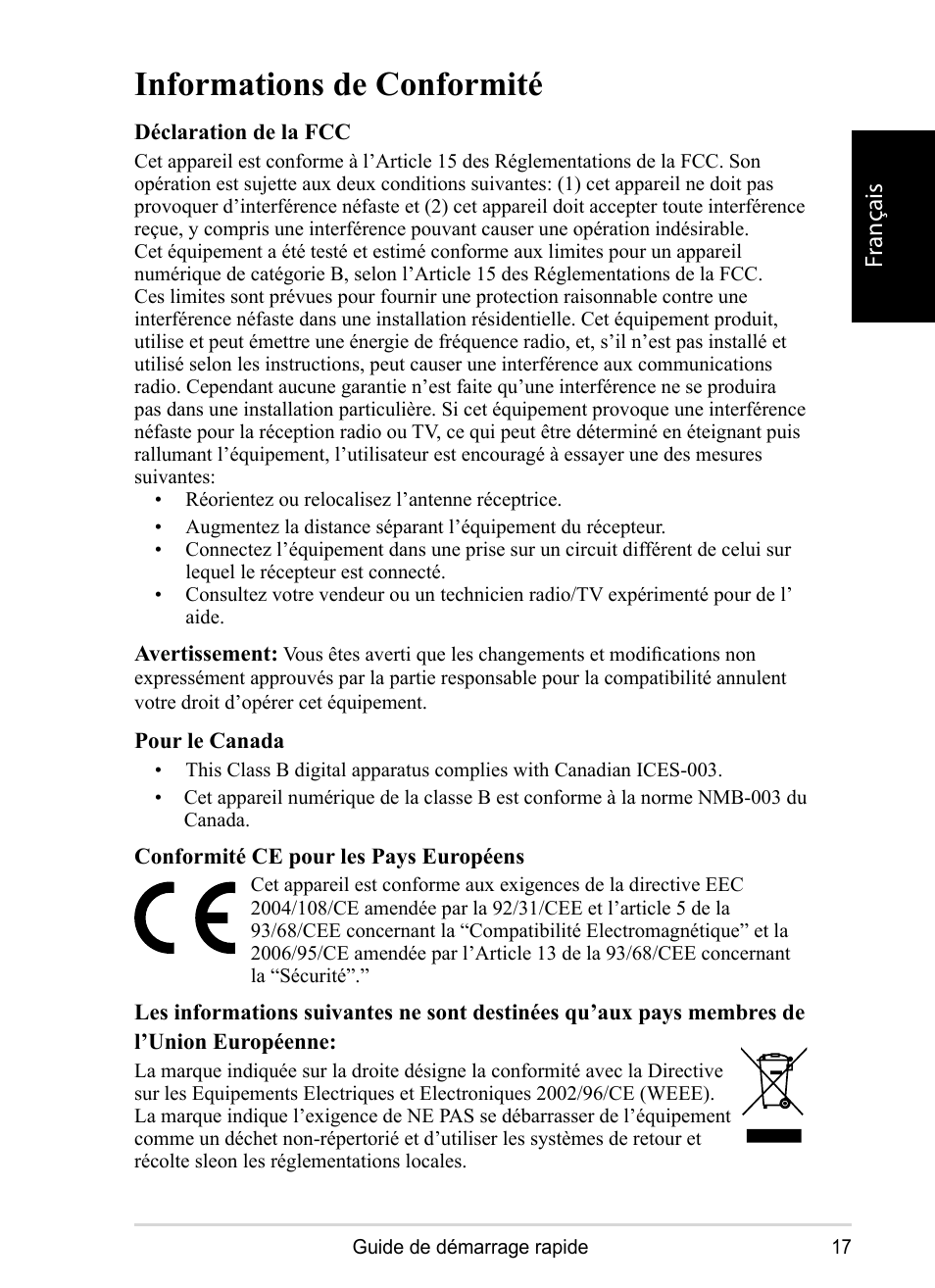 Informations de conformité, Fr ançais | VIEWSONIC DPX1002 User Manual | Page 17 / 47