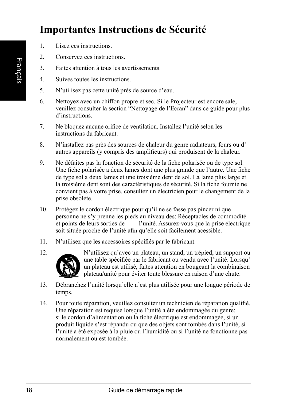 Importantes instructions de sécurité, Français | VIEWSONIC DPX1002 User Manual | Page 18 / 47