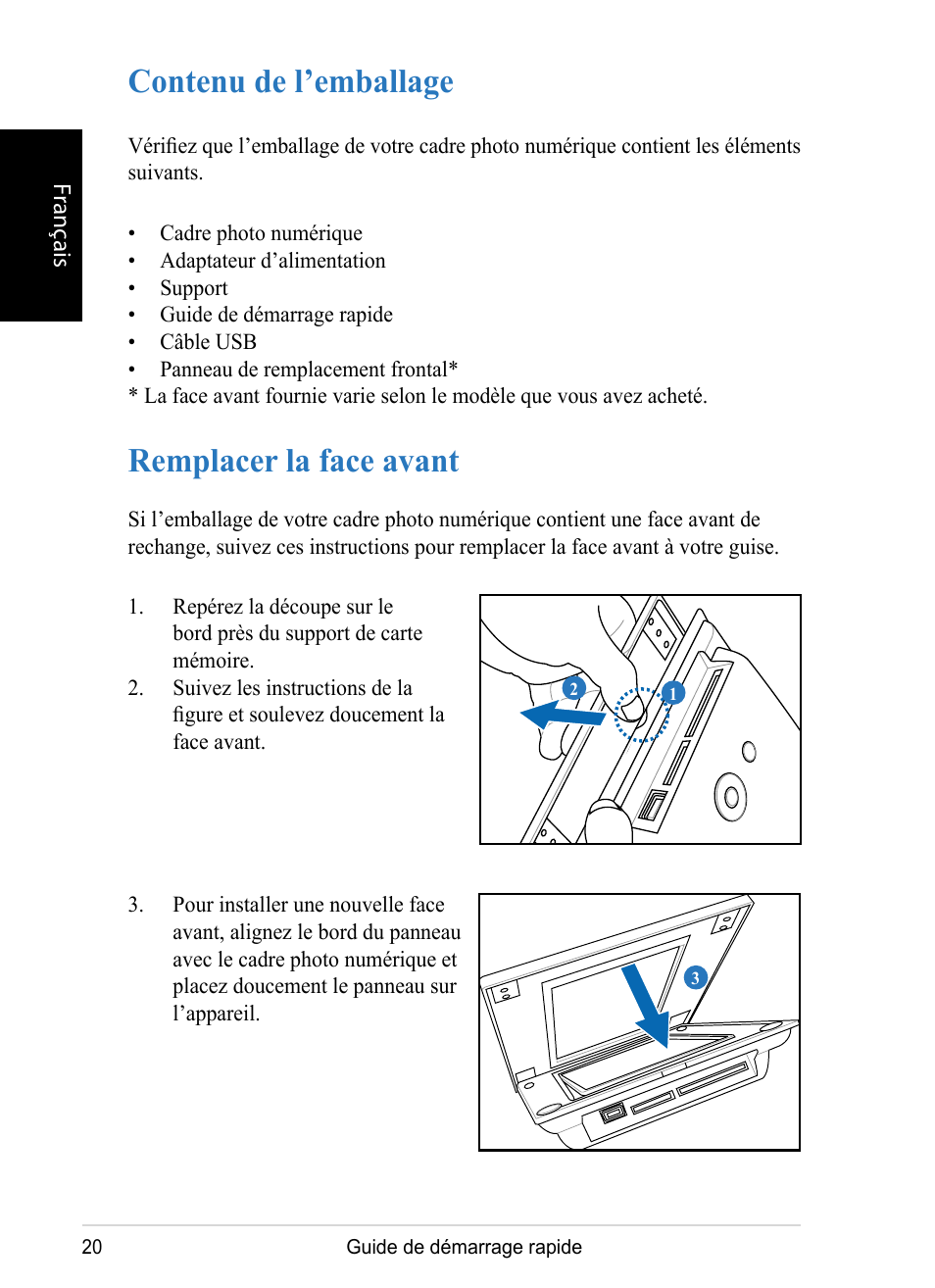 Contenu de l’emballage, Remplacer la face avant | VIEWSONIC DPX1002 User Manual | Page 20 / 47