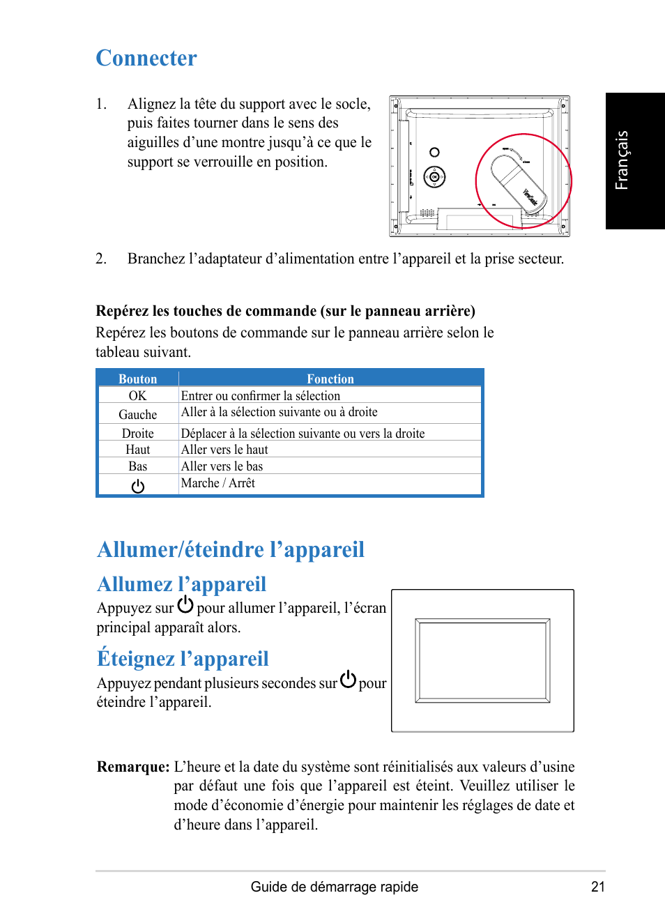Connecter, Allumer/éteindre l’appareil, Allumez l’appareil | Éteignez l’appareil | VIEWSONIC DPX1002 User Manual | Page 21 / 47