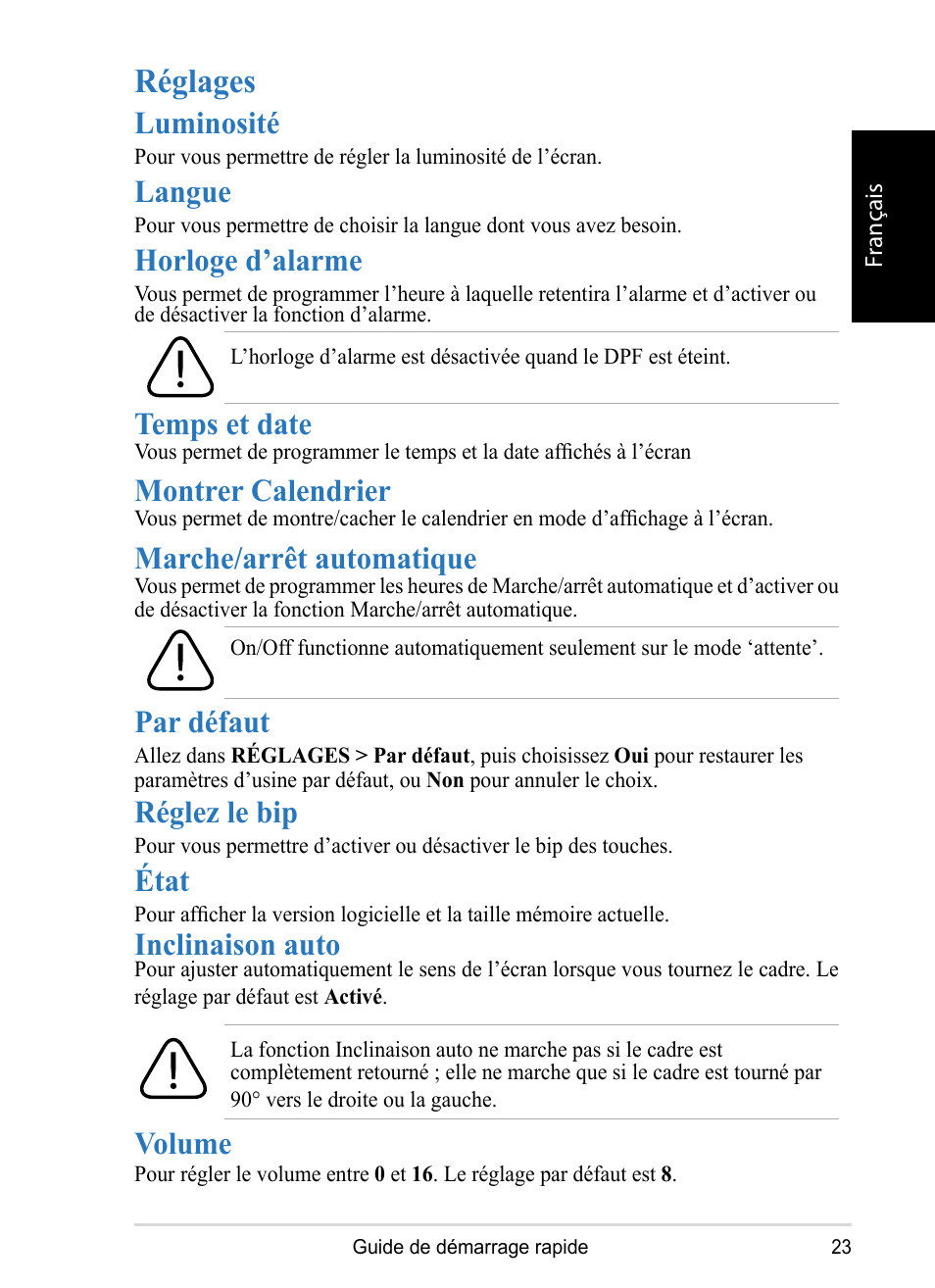 Réglages, Luminosité, Langue | Horloge d’alarme, Temps et date, Montrer calendrier, Marche/arrêt automatique, Par défaut, Réglez le bip, État | VIEWSONIC DPX1002 User Manual | Page 23 / 47