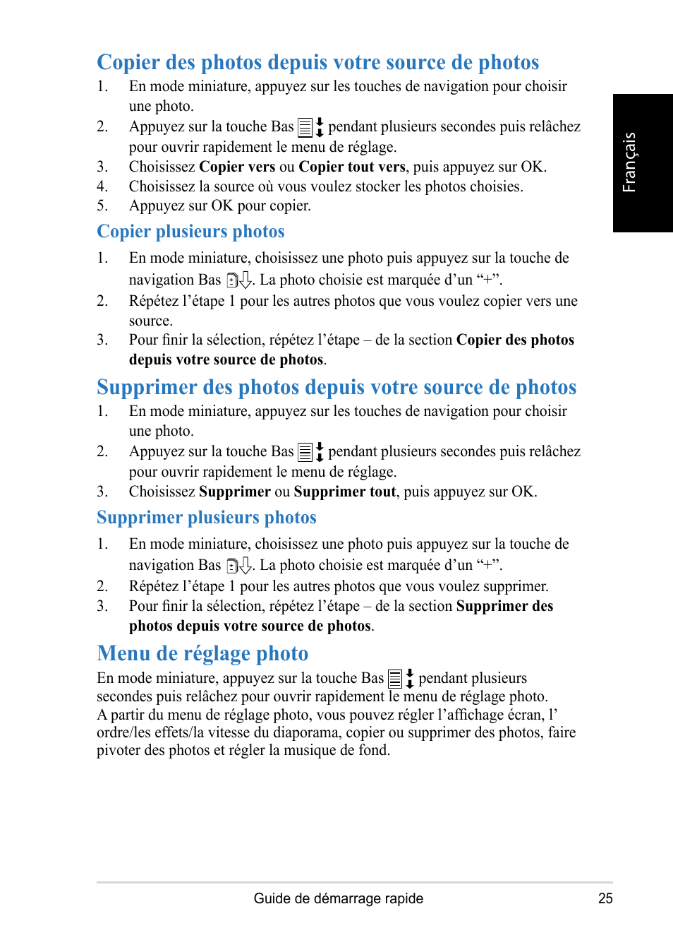 Copier des photos depuis votre source de photos, Supprimer des photos depuis votre source de photos, Menu de réglage photo | VIEWSONIC DPX1002 User Manual | Page 25 / 47