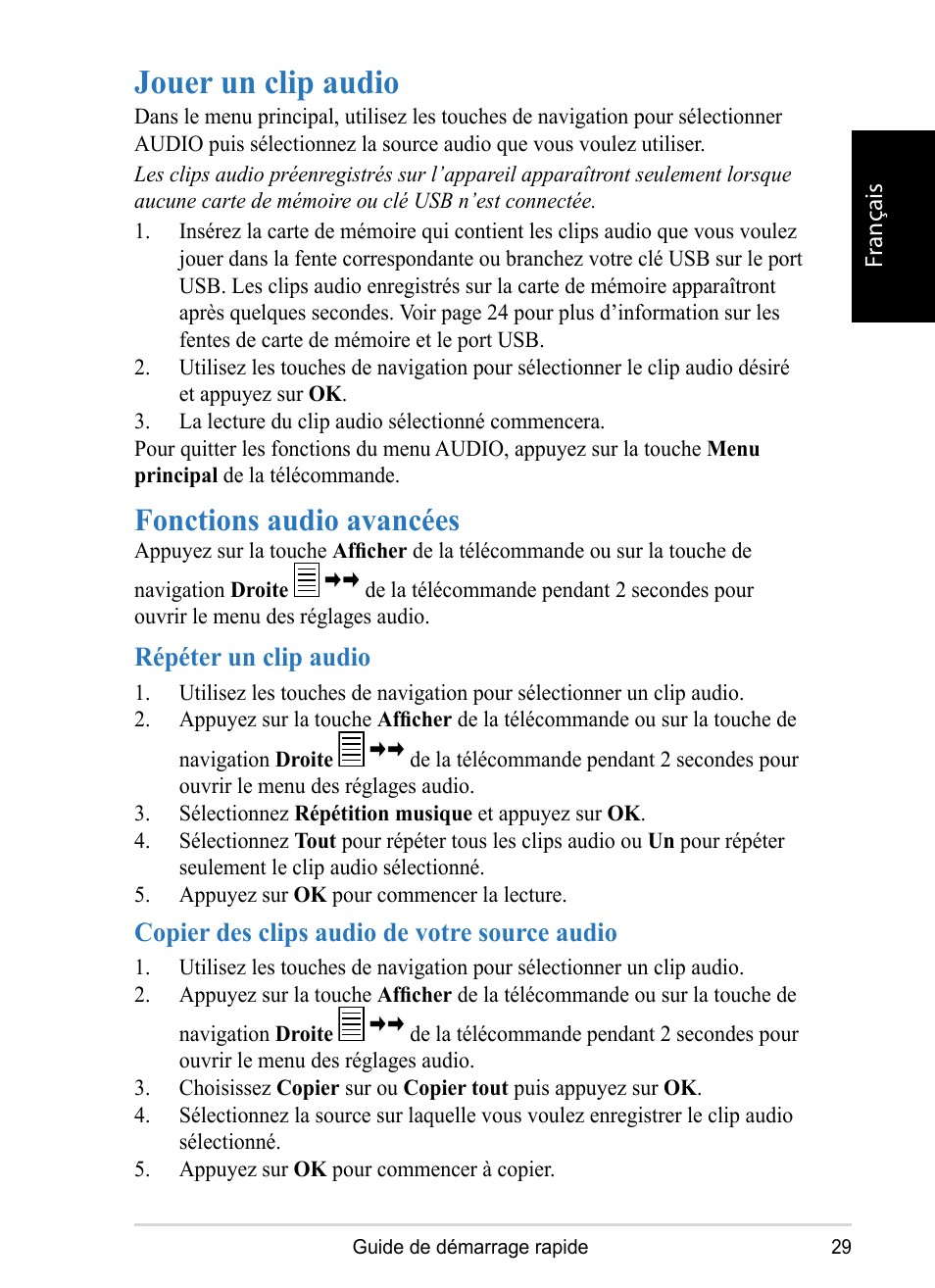 Jouer un clip audio, Fonctions audio avancées | VIEWSONIC DPX1002 User Manual | Page 29 / 47