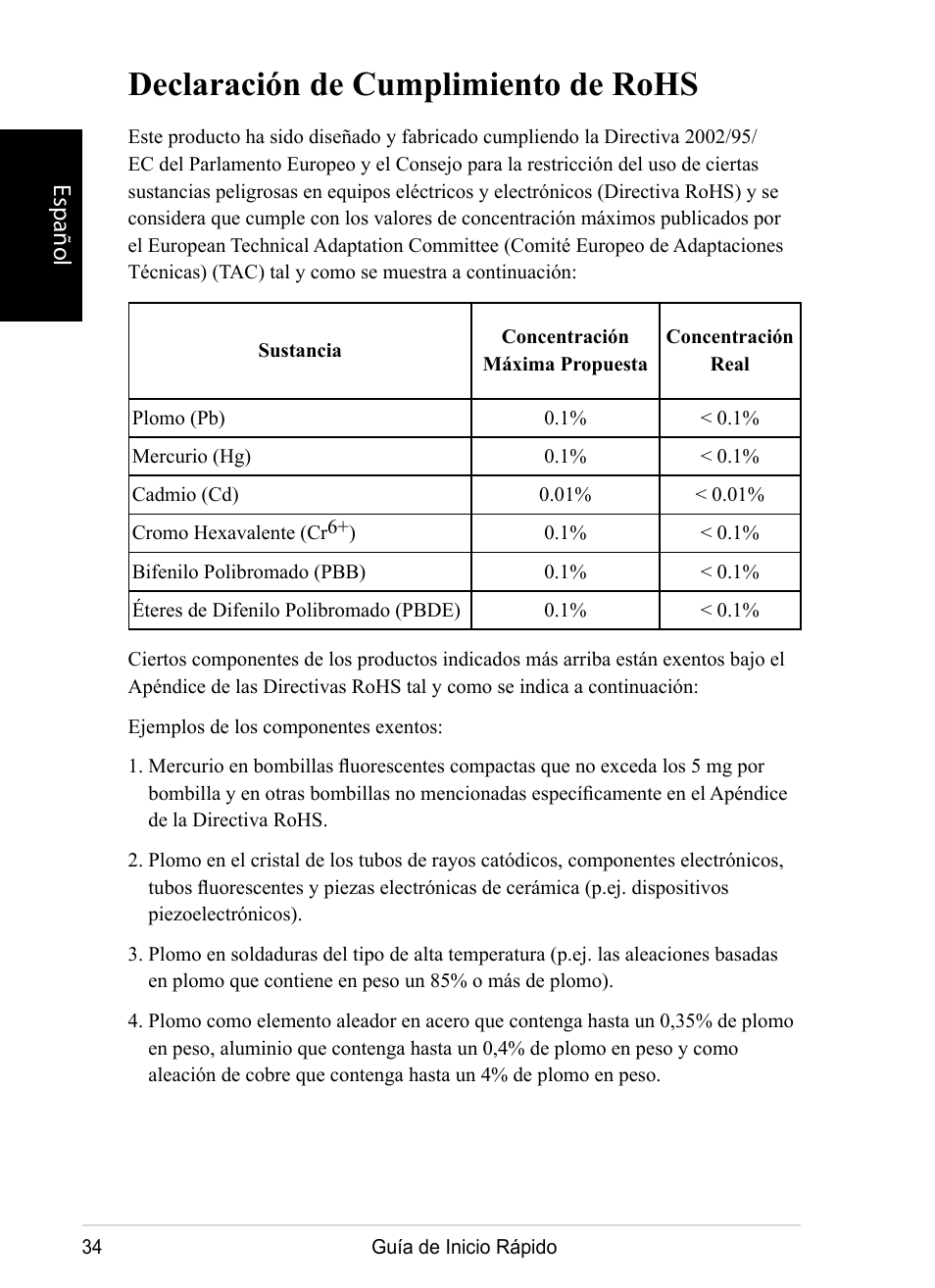 Declaración de cumplimiento de rohs, Español | VIEWSONIC DPX1002 User Manual | Page 34 / 47