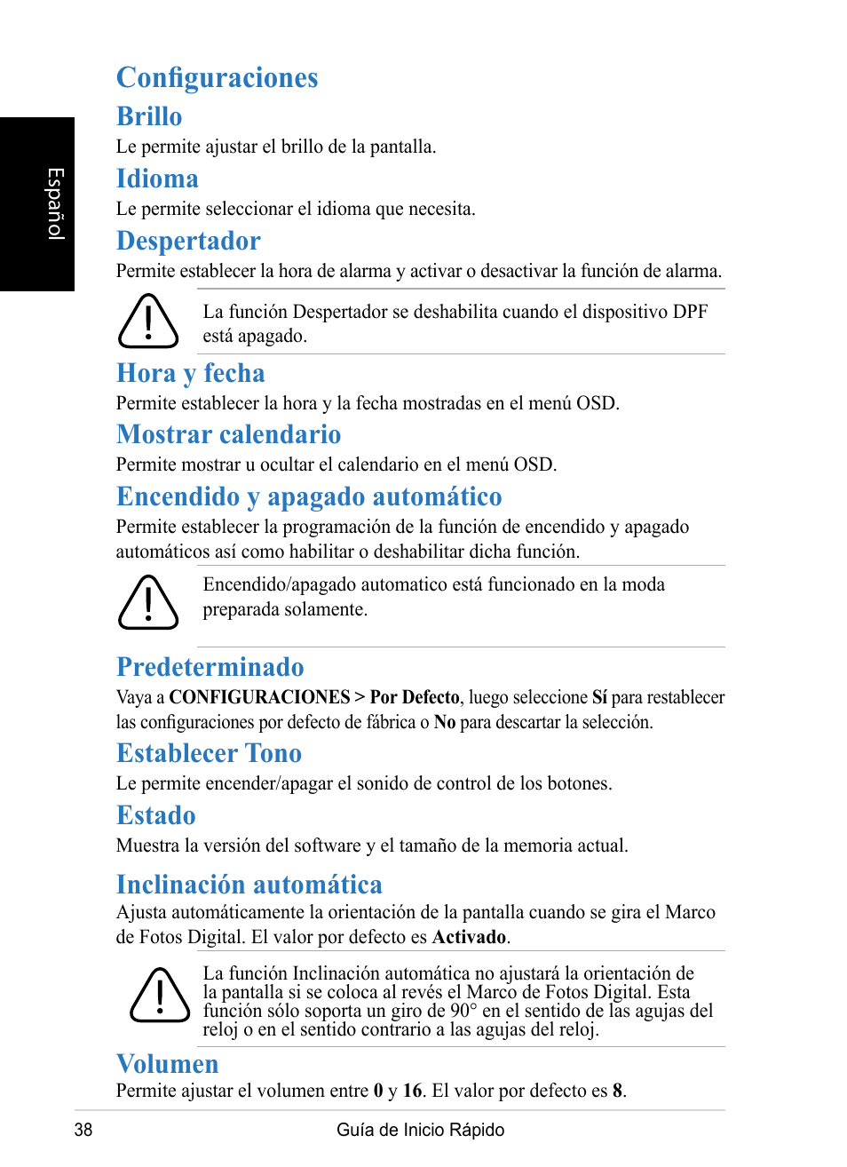 Configuraciones, Brillo, Idioma | Despertador, Hora y fecha, Mostrar calendario, Encendido y apagado automático, Predeterminado, Establecer tono, Estado | VIEWSONIC DPX1002 User Manual | Page 38 / 47