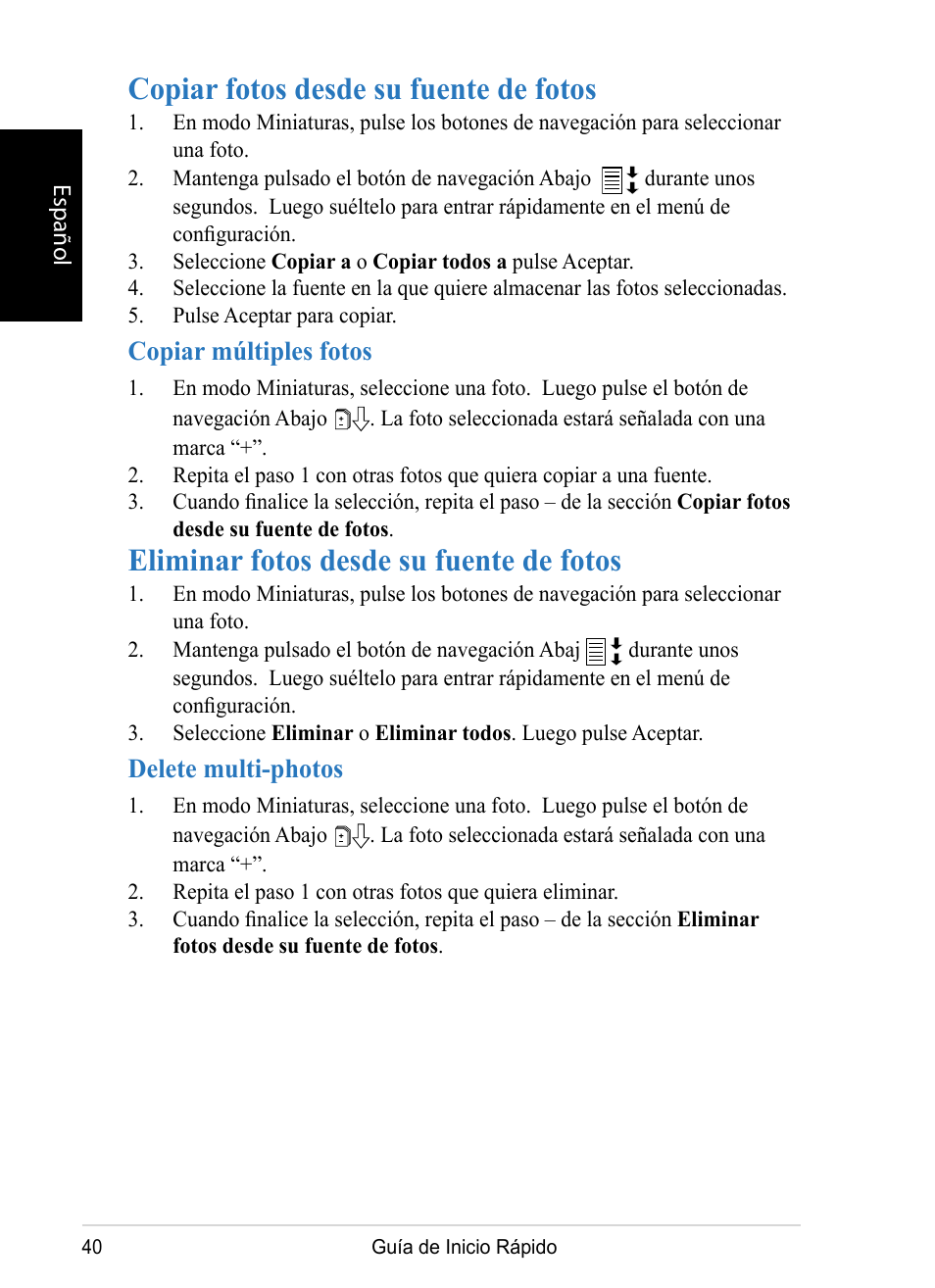 Copiar fotos desde su fuente de fotos, Eliminar fotos desde su fuente de fotos | VIEWSONIC DPX1002 User Manual | Page 40 / 47