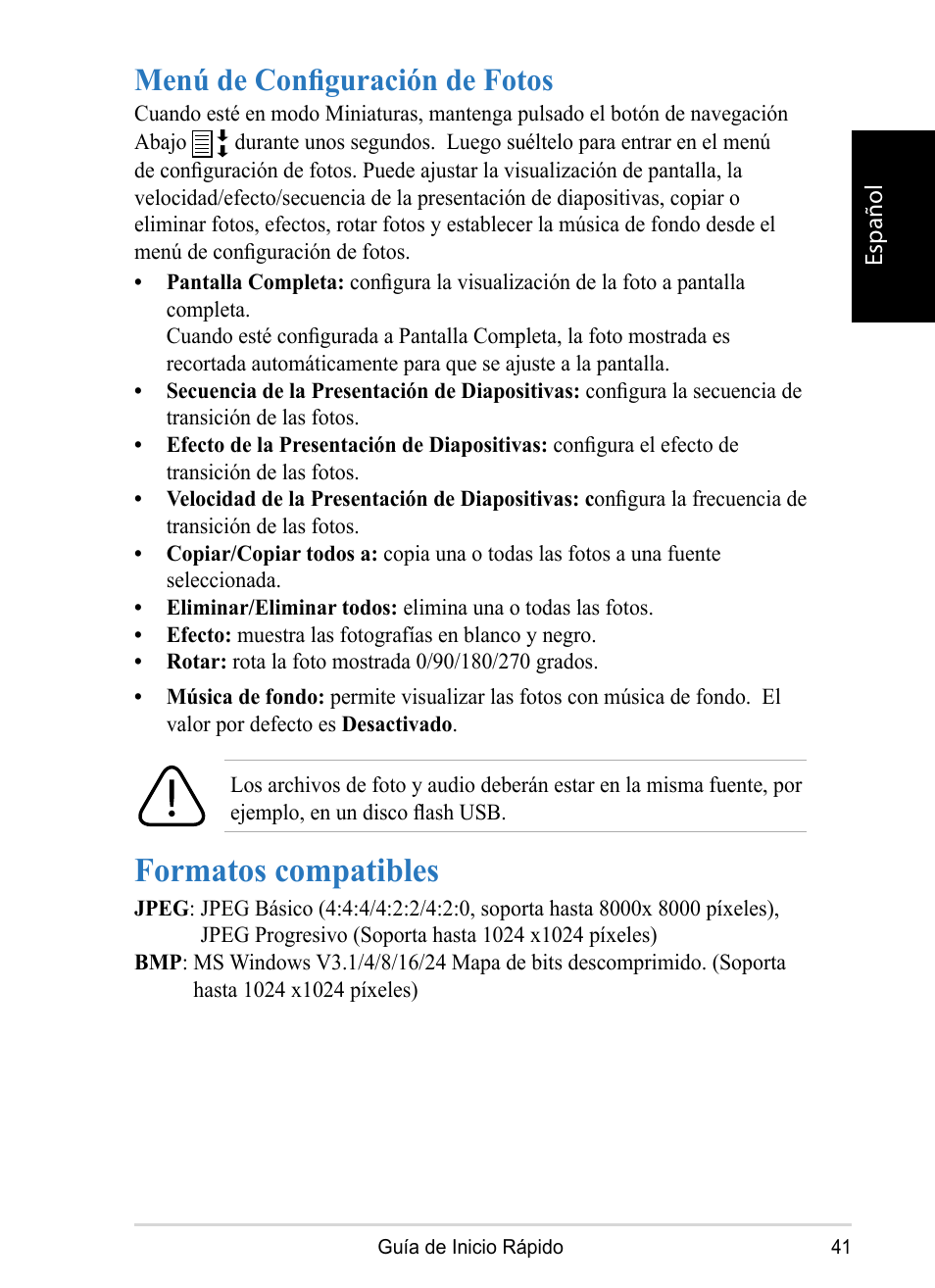 Formatos compatibles, Menú de configuración de fotos | VIEWSONIC DPX1002 User Manual | Page 41 / 47