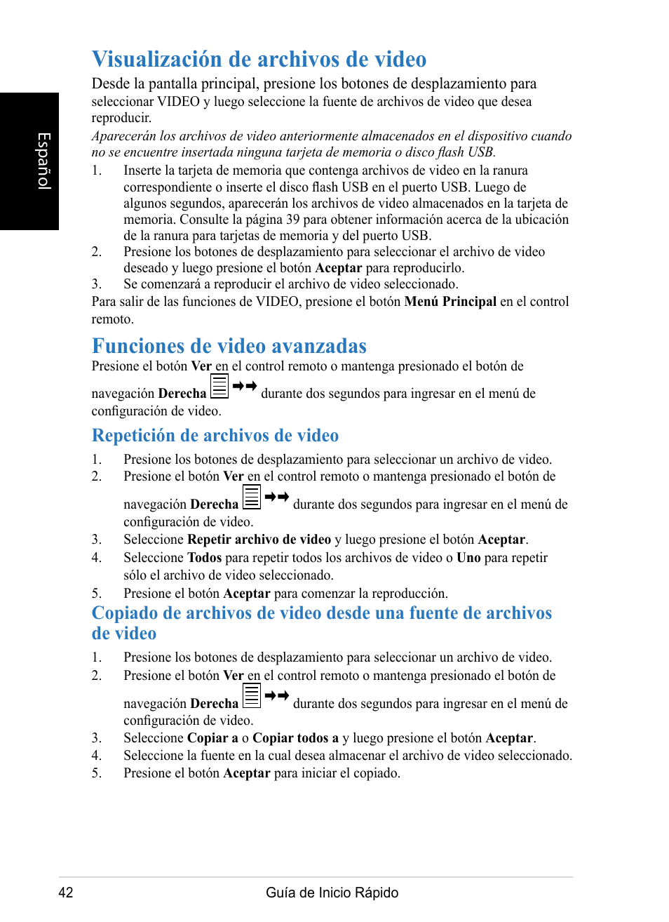 Visualización de archivos de video, Funciones de video avanzadas, Repetición de archivos de video | Español | VIEWSONIC DPX1002 User Manual | Page 42 / 47