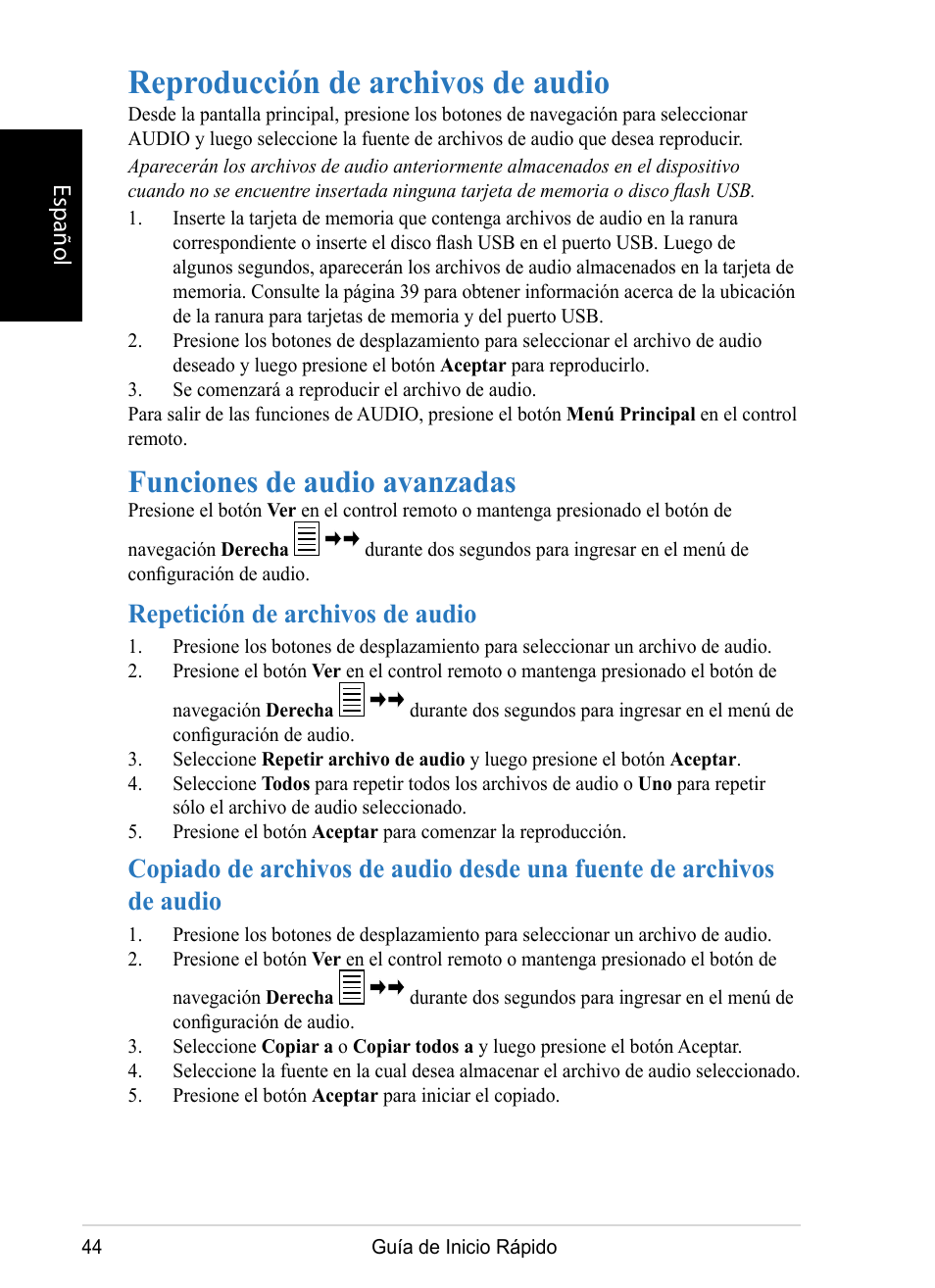 Reproducción de archivos de audio, Funciones de audio avanzadas, Repetición de archivos de audio | Español | VIEWSONIC DPX1002 User Manual | Page 44 / 47