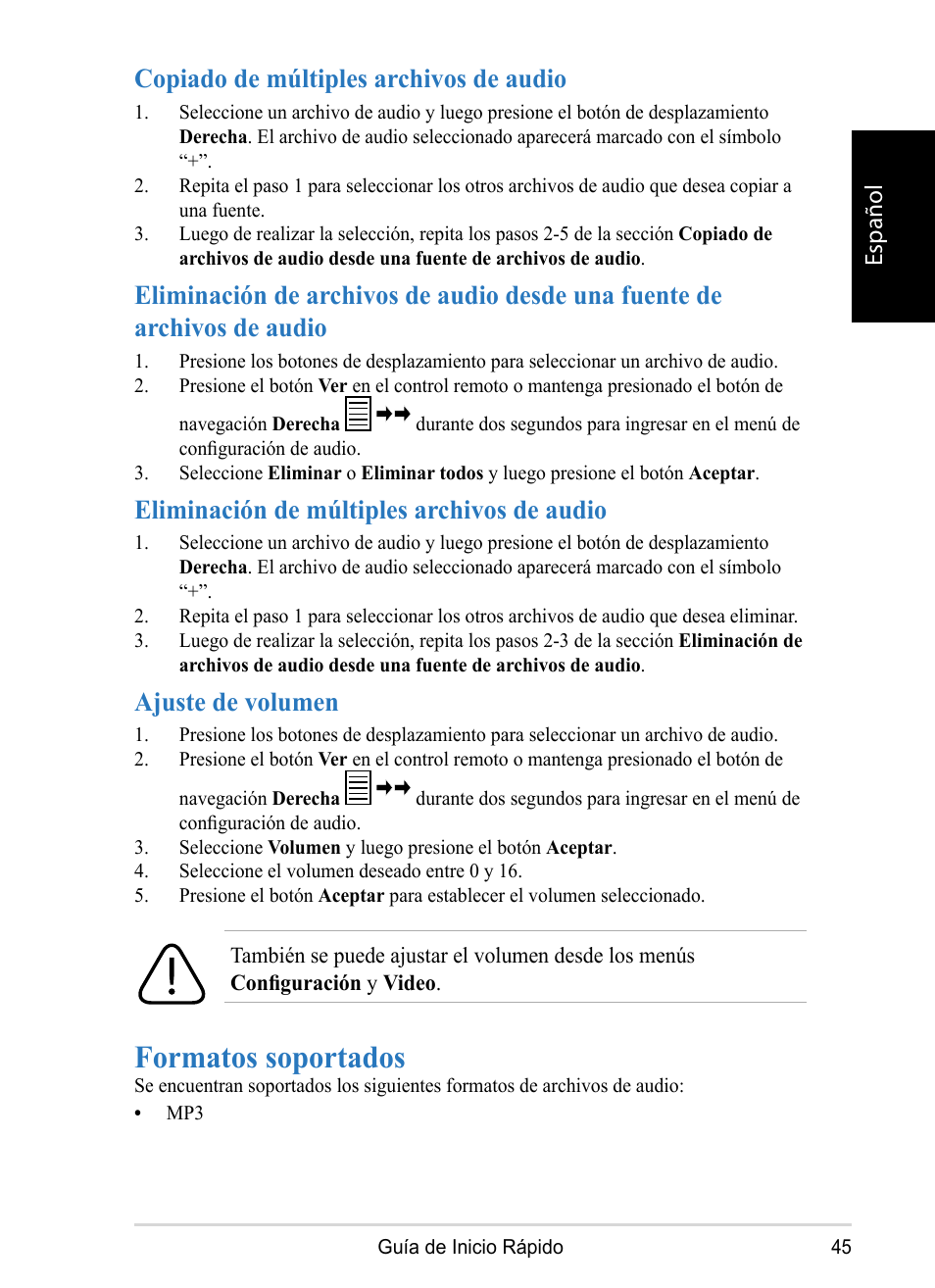 Formatos soportados, Copiado de múltiples archivos de audio, Eliminación de múltiples archivos de audio | Ajuste de volumen, Español | VIEWSONIC DPX1002 User Manual | Page 45 / 47