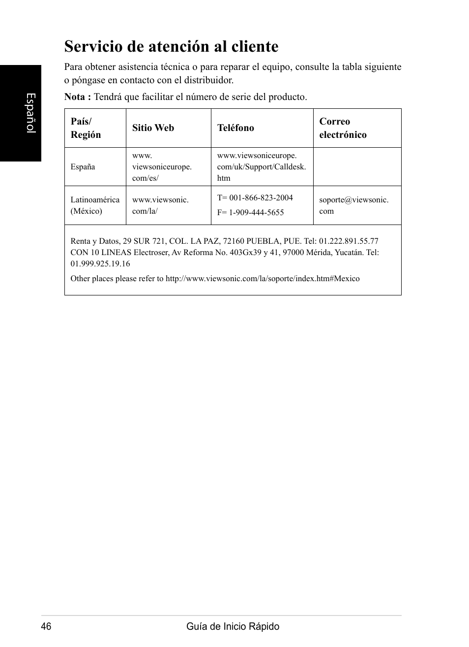 Servicio de atención al cliente, Español | VIEWSONIC DPX1002 User Manual | Page 46 / 47