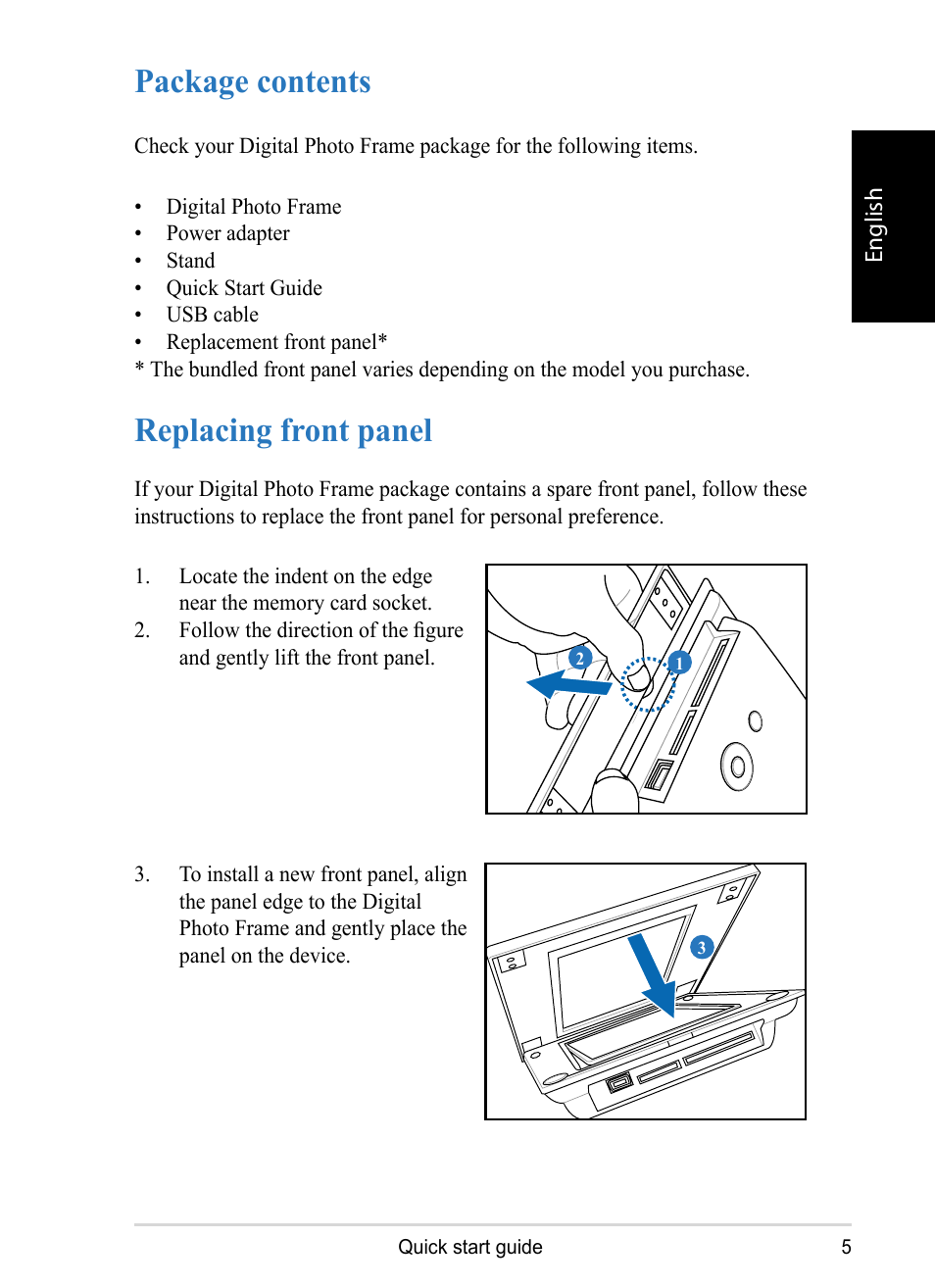 Package contents, Replacing front panel | VIEWSONIC DPX1002 User Manual | Page 5 / 47