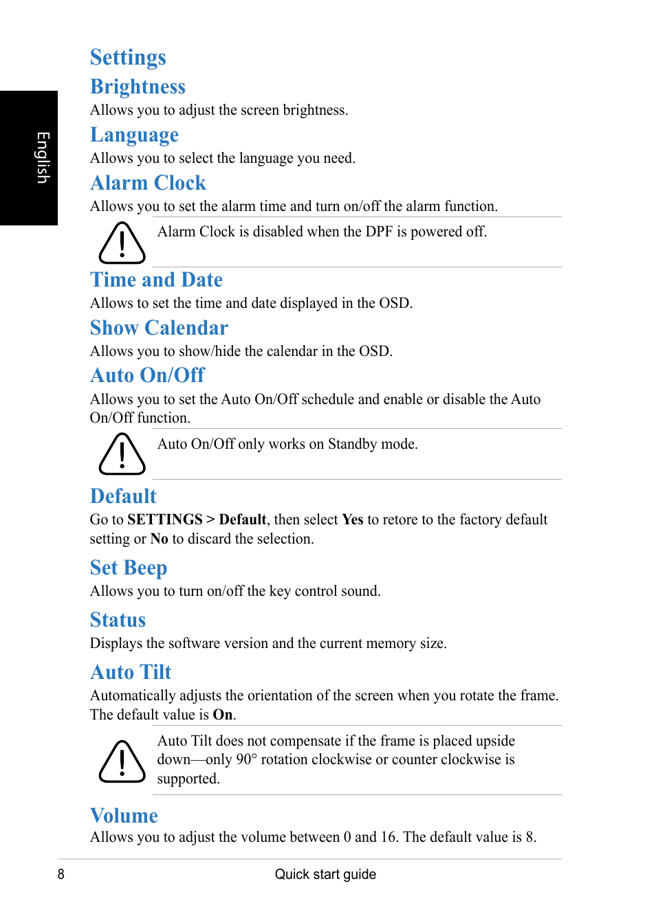 Settings, Brightness, Language | Alarm clock, Time and date, Show calendar, Auto on/off, Default, Set beep, Status | VIEWSONIC DPX1002 User Manual | Page 8 / 47