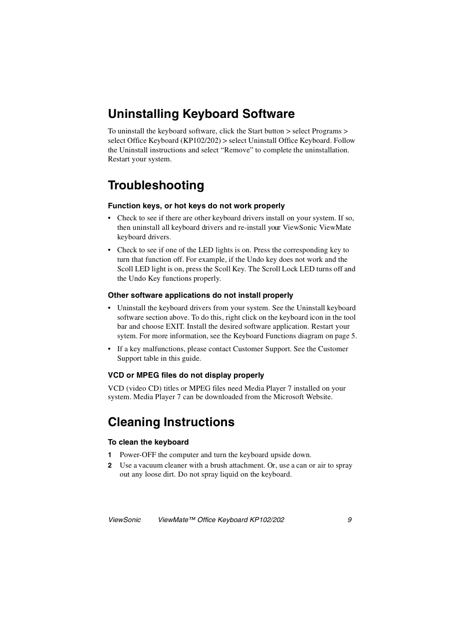 Uninstalling keyboard software, Troubleshooting, Cleaning instructions | VIEWSONIC KP102 User Manual | Page 10 / 13