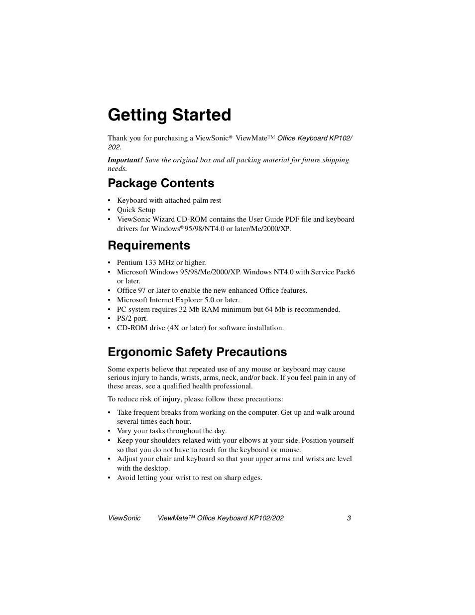 Getting started, Package contents, Requirements | Ergonomic safety precautions | VIEWSONIC KP102 User Manual | Page 4 / 13