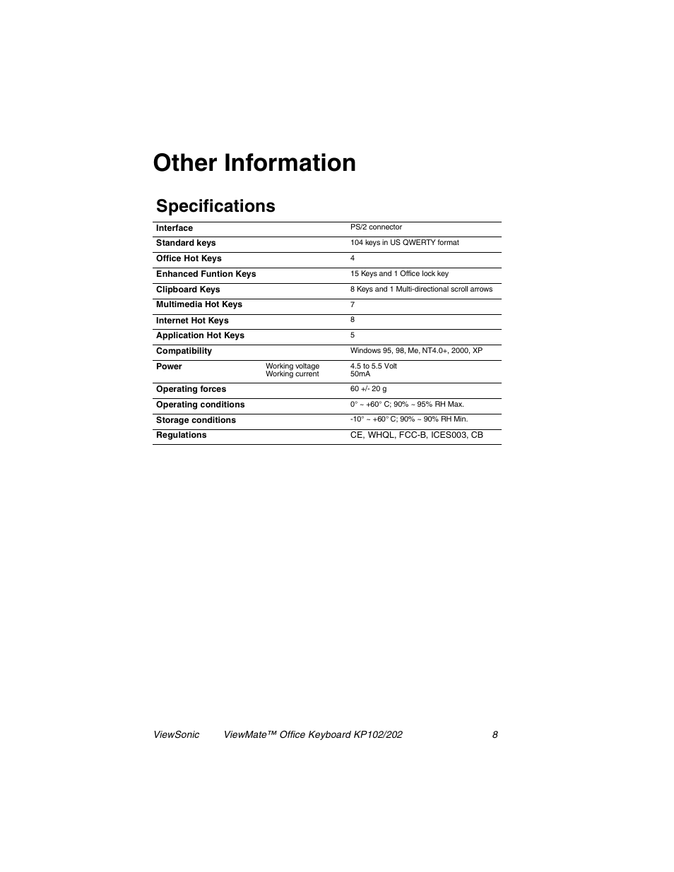 Other information, Specifications | VIEWSONIC KP102 User Manual | Page 9 / 13