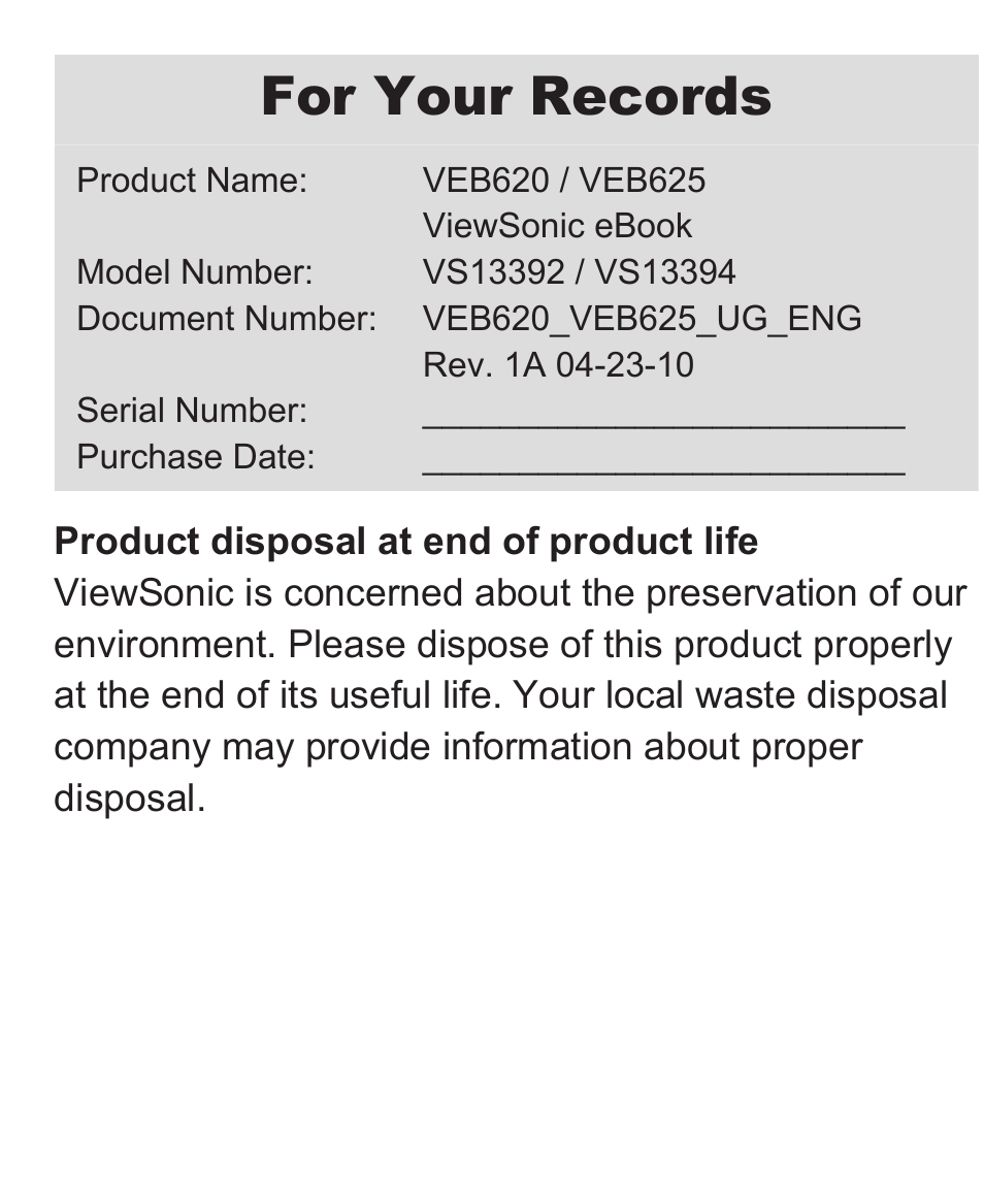 For your records | VIEWSONIC VS13394 User Manual | Page 3 / 73