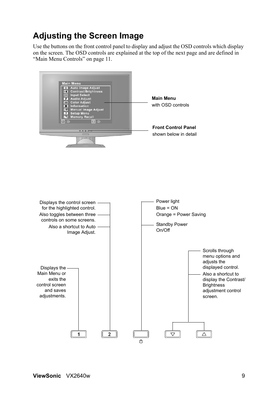 Adjusting the screen image | VIEWSONIC VX2640W User Manual | Page 12 / 26