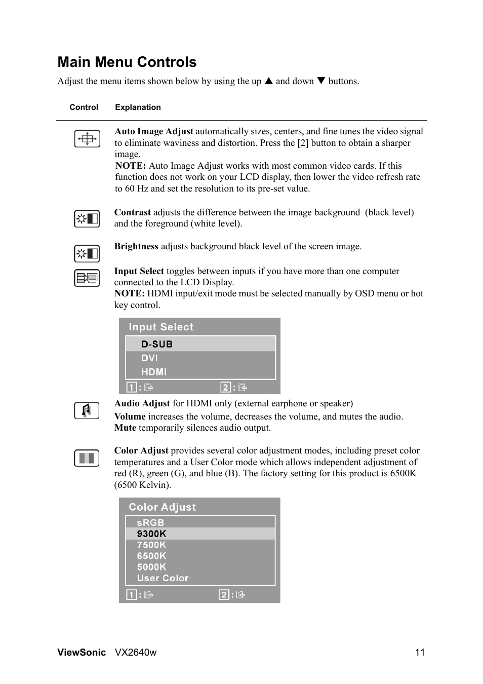 Main menu controls | VIEWSONIC VX2640W User Manual | Page 14 / 26