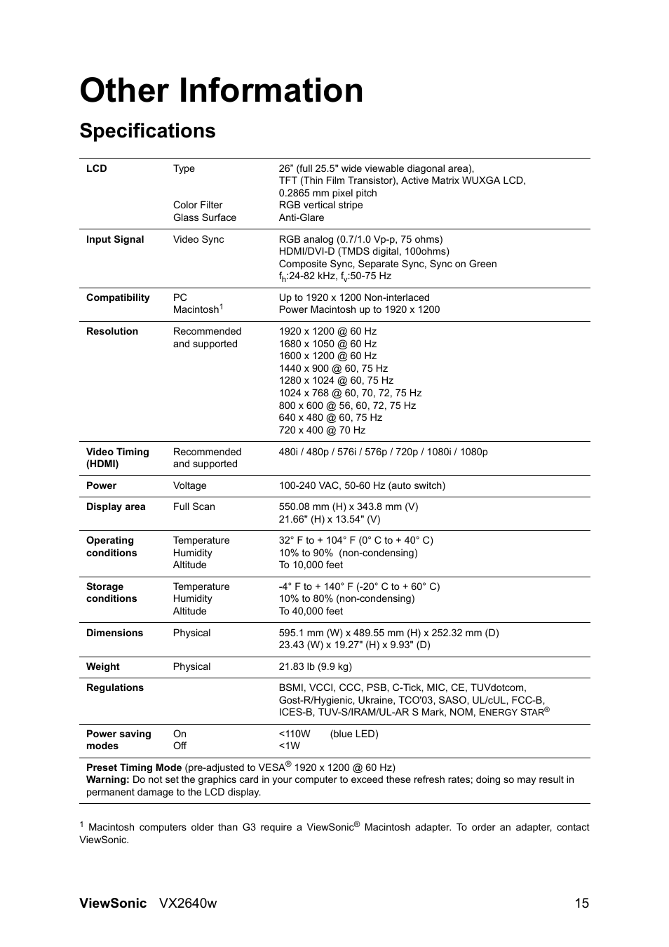 Other information, Specifications | VIEWSONIC VX2640W User Manual | Page 18 / 26