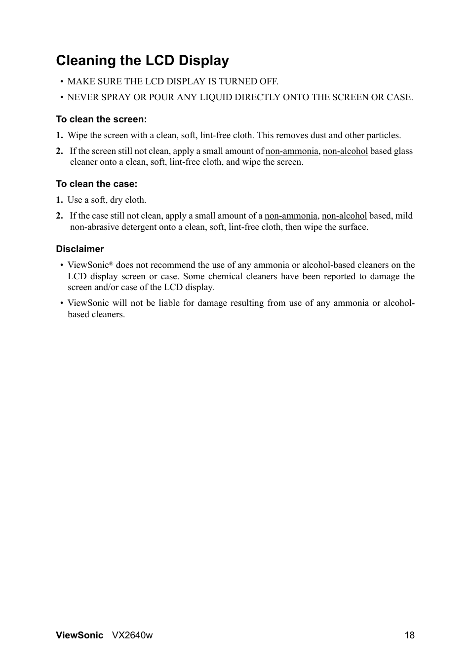 Cleaning the lcd display | VIEWSONIC VX2640W User Manual | Page 21 / 26