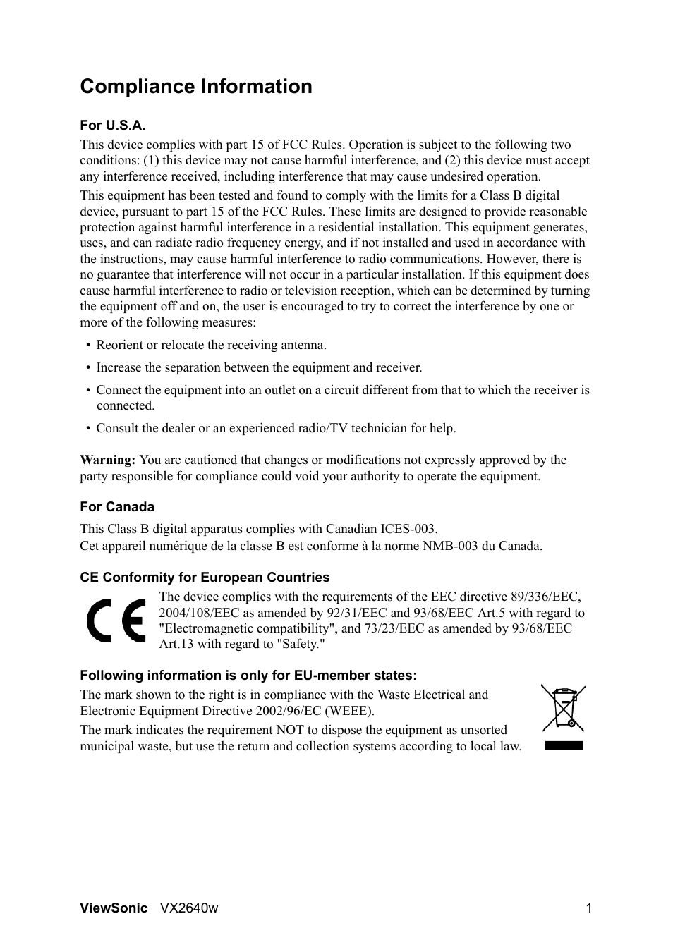 Compliance information | VIEWSONIC VX2640W User Manual | Page 4 / 26