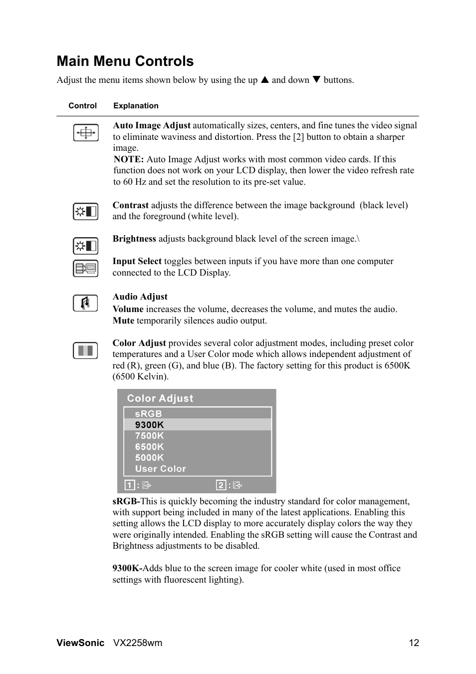 Main menu controls | VIEWSONIC VX2258WM User Manual | Page 14 / 25