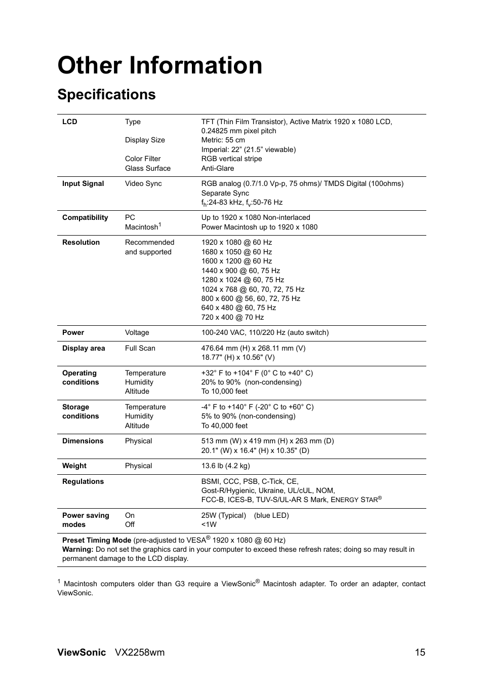 Other information, Specifications | VIEWSONIC VX2258WM User Manual | Page 17 / 25