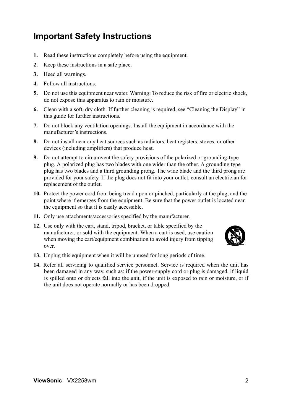 Important safety instructions | VIEWSONIC VX2258WM User Manual | Page 4 / 25