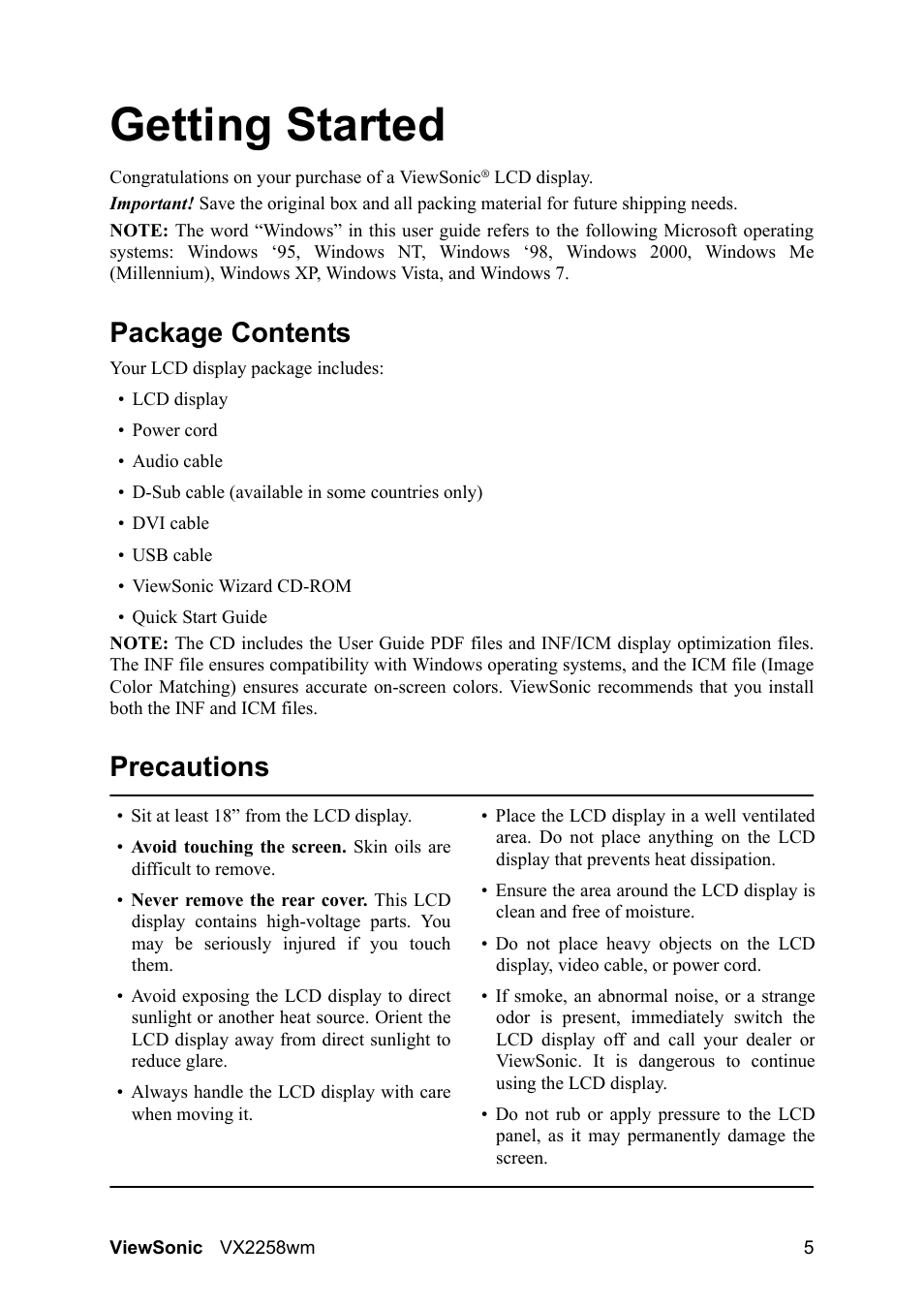 Getting started, Package contents, Precautions | VIEWSONIC VX2258WM User Manual | Page 7 / 25