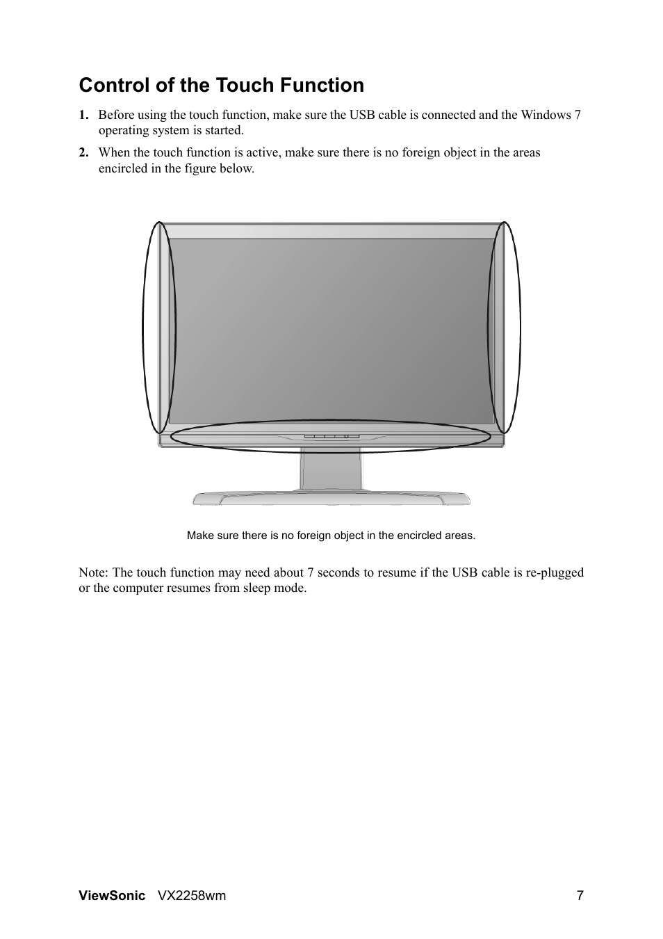 Control of the touch function | VIEWSONIC VX2258WM User Manual | Page 9 / 25