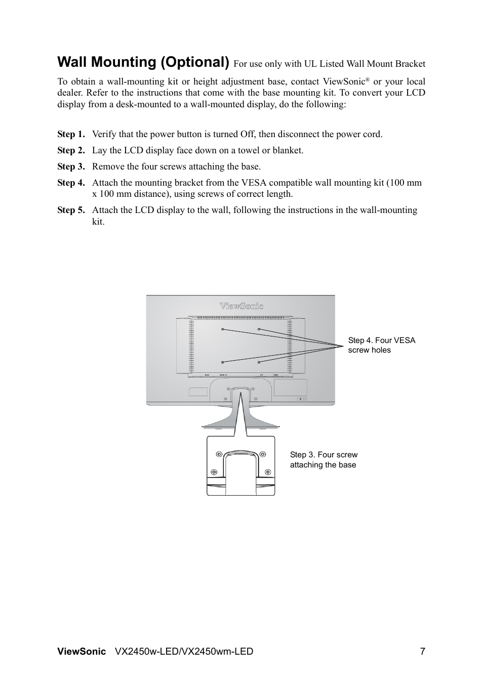 Wall mounting (optional) | VIEWSONIC VX2450wm-LED User Manual | Page 10 / 27