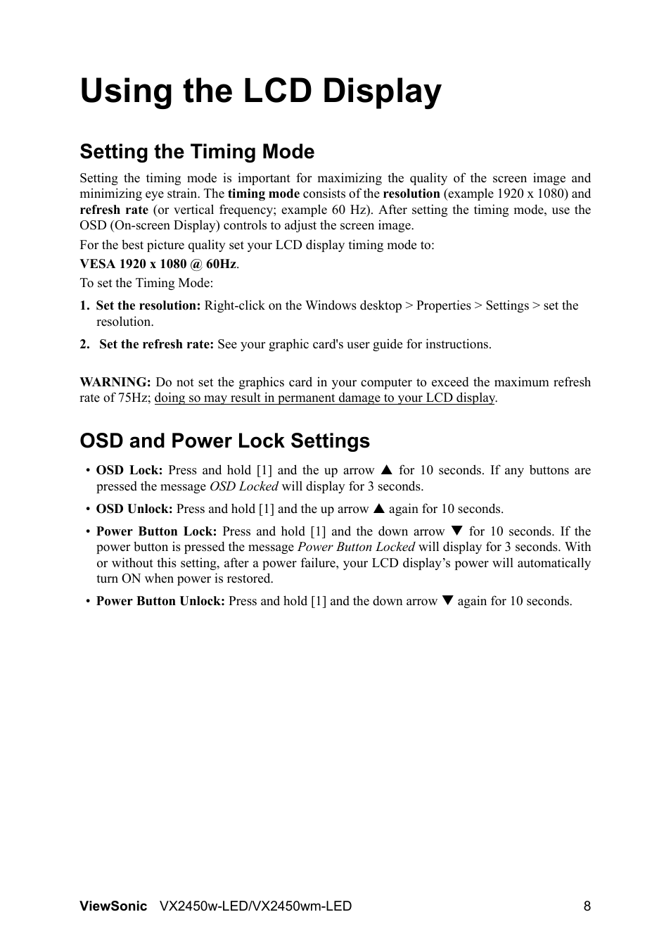 Using the lcd display, Setting the timing mode, Osd and power lock settings | VIEWSONIC VX2450wm-LED User Manual | Page 11 / 27