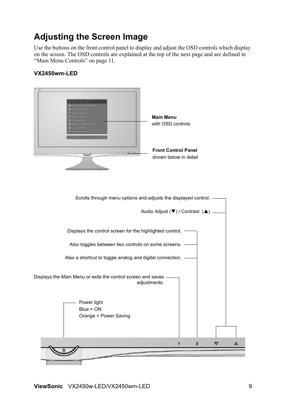 Adjusting the screen image | VIEWSONIC VX2450wm-LED User Manual | Page 12 / 27