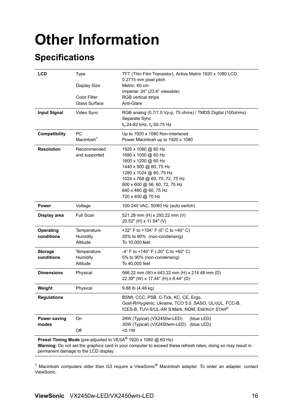 Other information, Specifications | VIEWSONIC VX2450wm-LED User Manual | Page 19 / 27