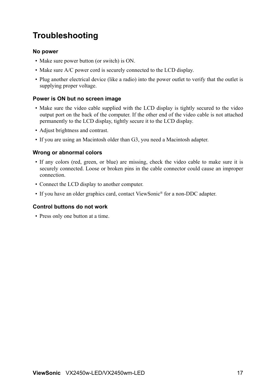 Troubleshooting | VIEWSONIC VX2450wm-LED User Manual | Page 20 / 27