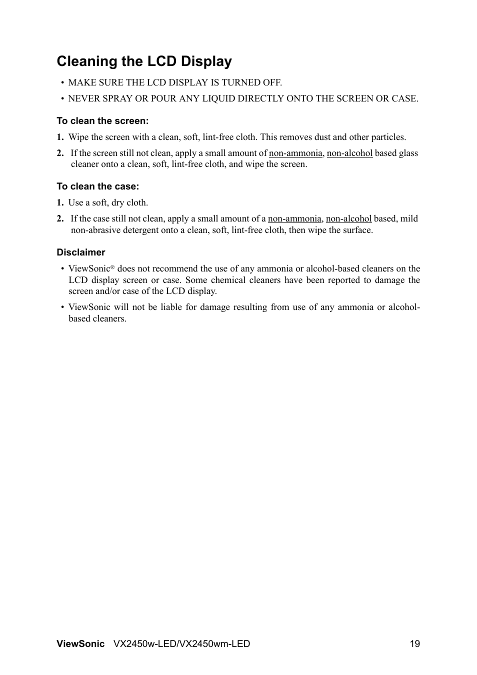 Cleaning the lcd display | VIEWSONIC VX2450wm-LED User Manual | Page 22 / 27