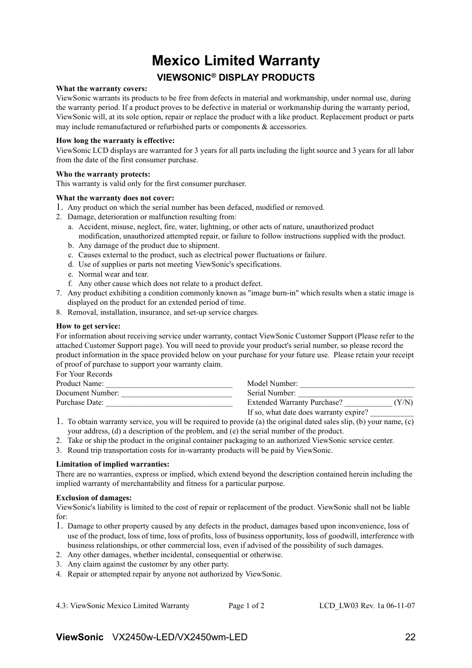 Mexico limited warranty | VIEWSONIC VX2450wm-LED User Manual | Page 25 / 27