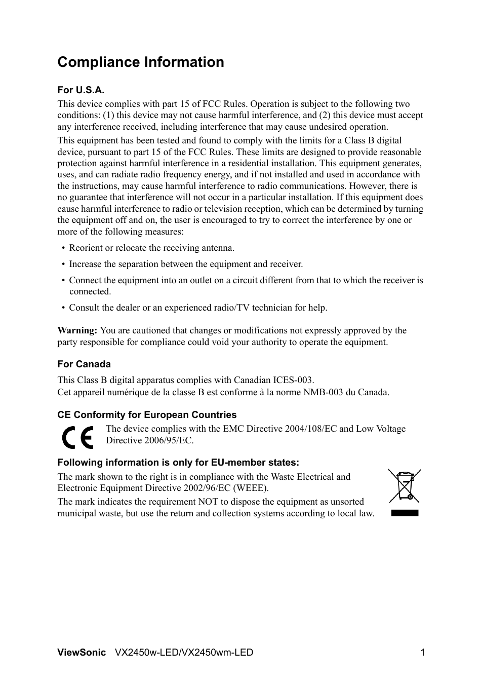 Compliance information | VIEWSONIC VX2450wm-LED User Manual | Page 4 / 27