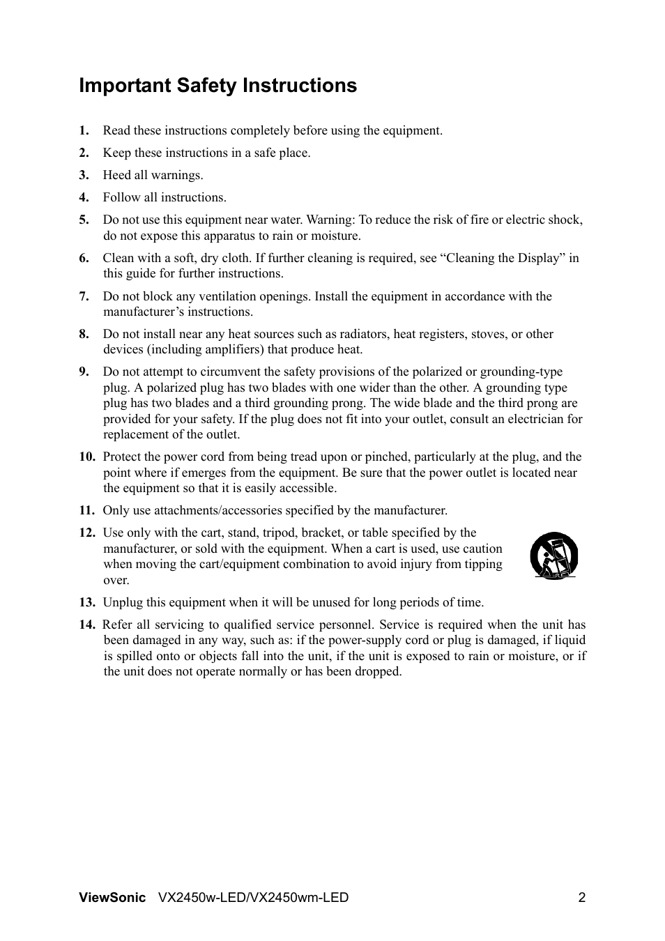 Important safety instructions | VIEWSONIC VX2450wm-LED User Manual | Page 5 / 27