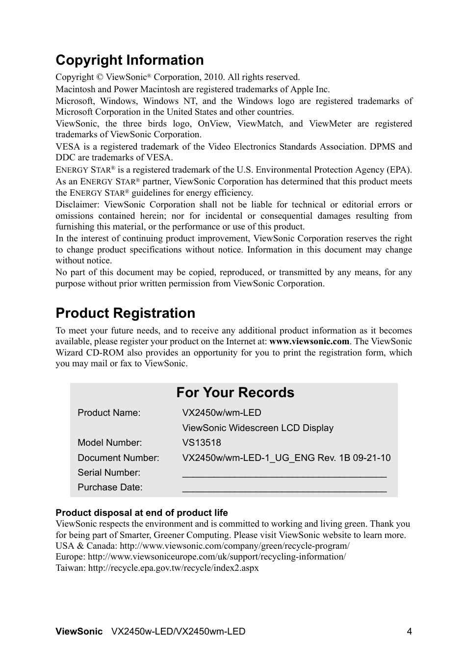 Copyright information, Product registration, For your records | VIEWSONIC VX2450wm-LED User Manual | Page 7 / 27