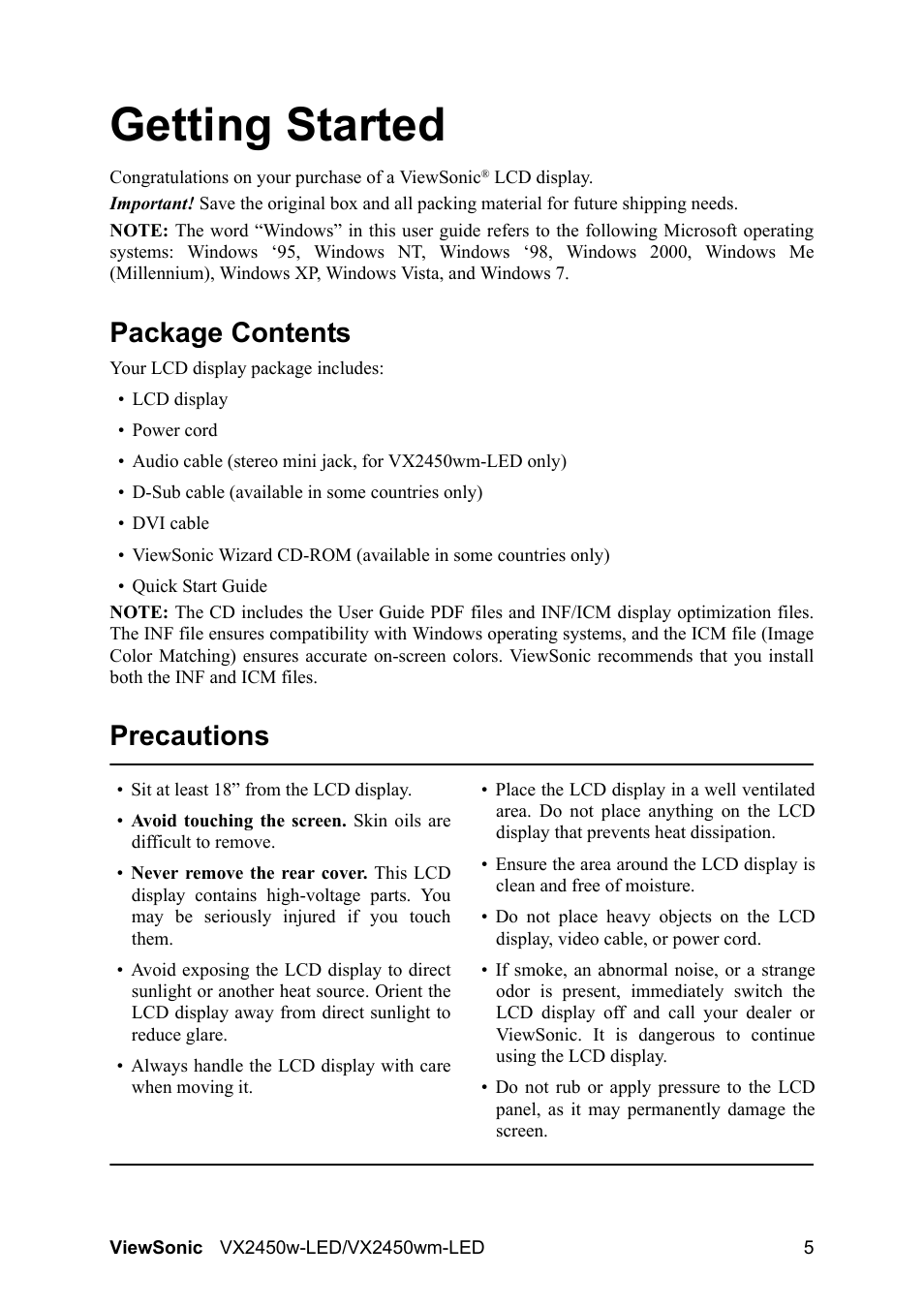 Getting started, Package contents, Precautions | VIEWSONIC VX2450wm-LED User Manual | Page 8 / 27