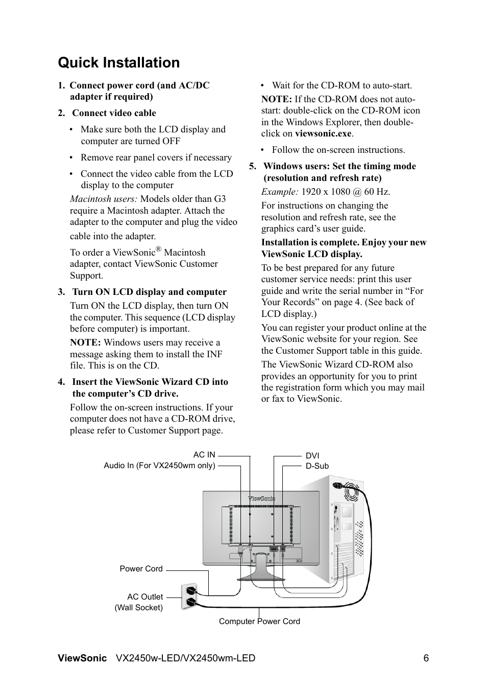 Quick installation | VIEWSONIC VX2450wm-LED User Manual | Page 9 / 27