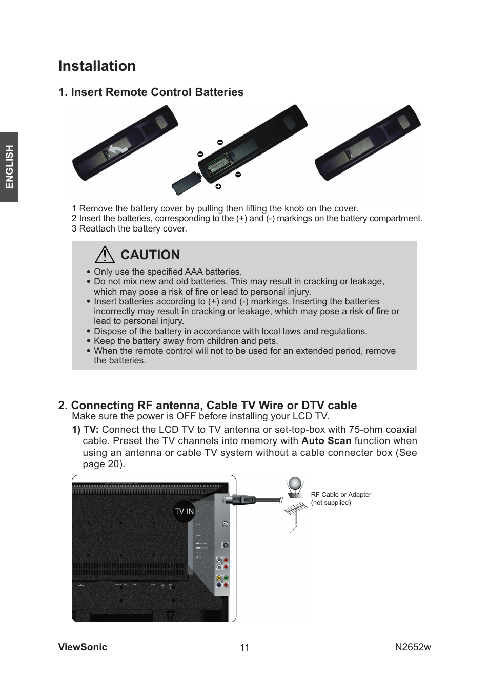 Installation, Caution, Connecting rf antenna, cable tv wire or dtv cable | Insert remote control batteries | VIEWSONIC VS11620-1M User Manual | Page 13 / 36