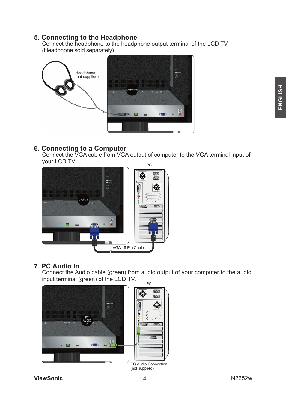 Connecting to the headphone, Connecting to a computer, Pc audio in | VIEWSONIC VS11620-1M User Manual | Page 16 / 36