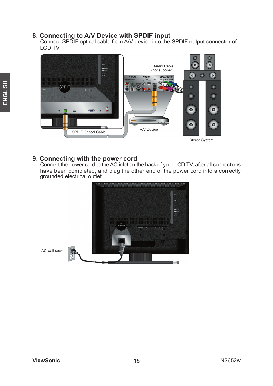 Connecting to a/v device with spdif input, Connecting with the power cord | VIEWSONIC VS11620-1M User Manual | Page 17 / 36