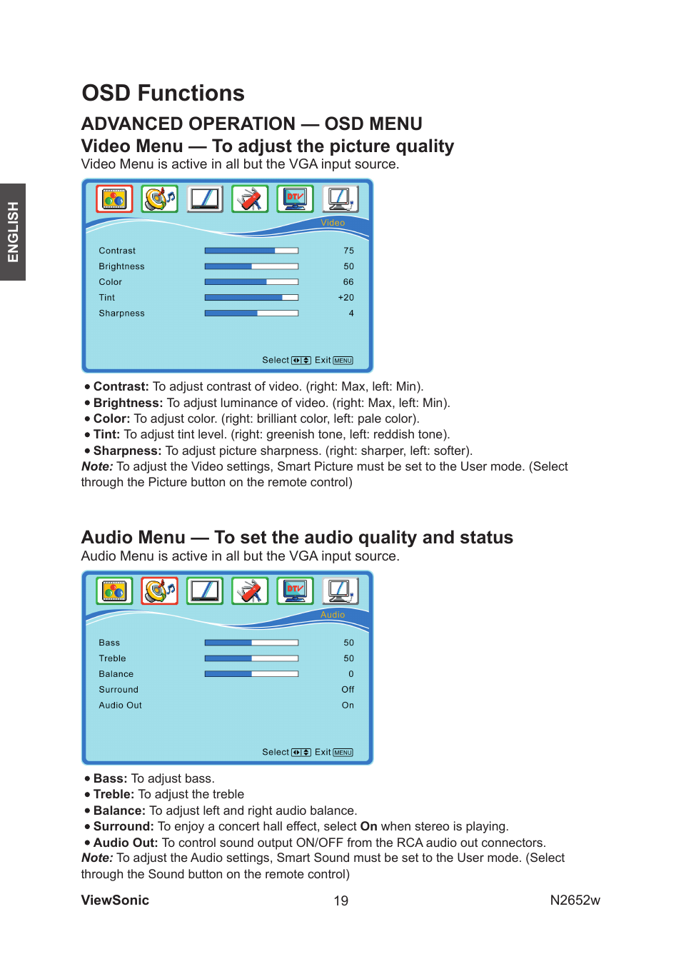 Osd functions, Video menu — to adjust the picture quality, Audio menu — to set the audio quality and status | Advanced operation — osd menu | VIEWSONIC VS11620-1M User Manual | Page 21 / 36