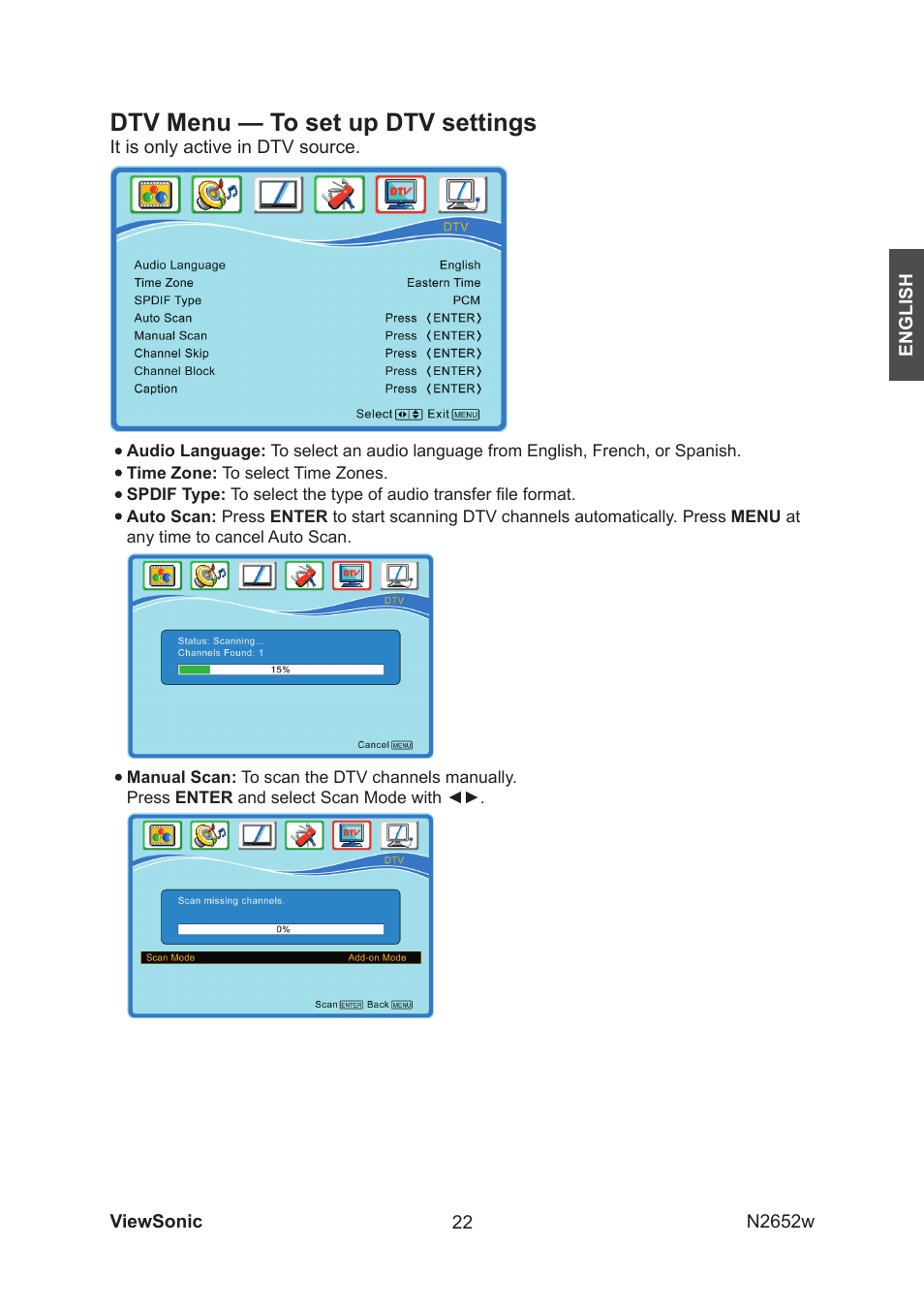 Dtv menu — to set up dtv settings | VIEWSONIC VS11620-1M User Manual | Page 24 / 36