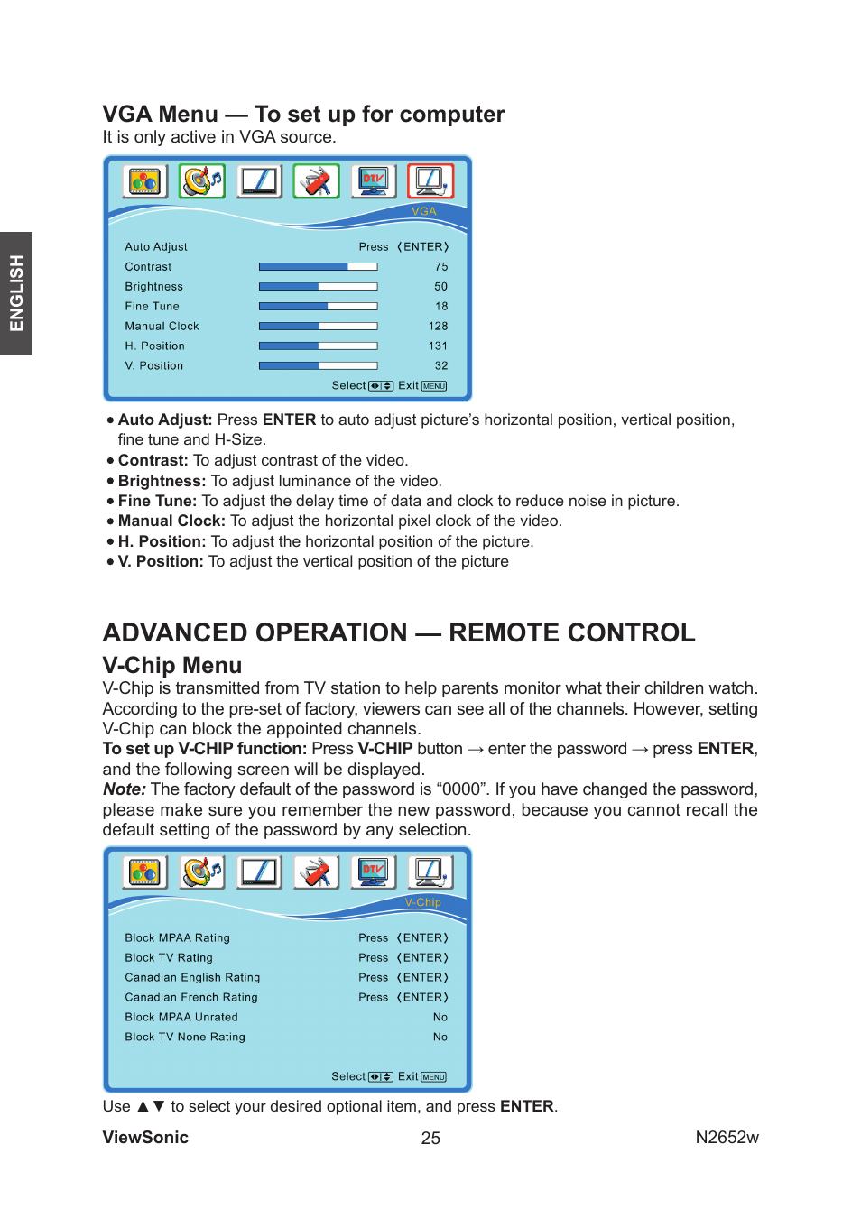Advanced operation — remote control, Vga menu — to set up for computer, V-chip menu | VIEWSONIC VS11620-1M User Manual | Page 27 / 36