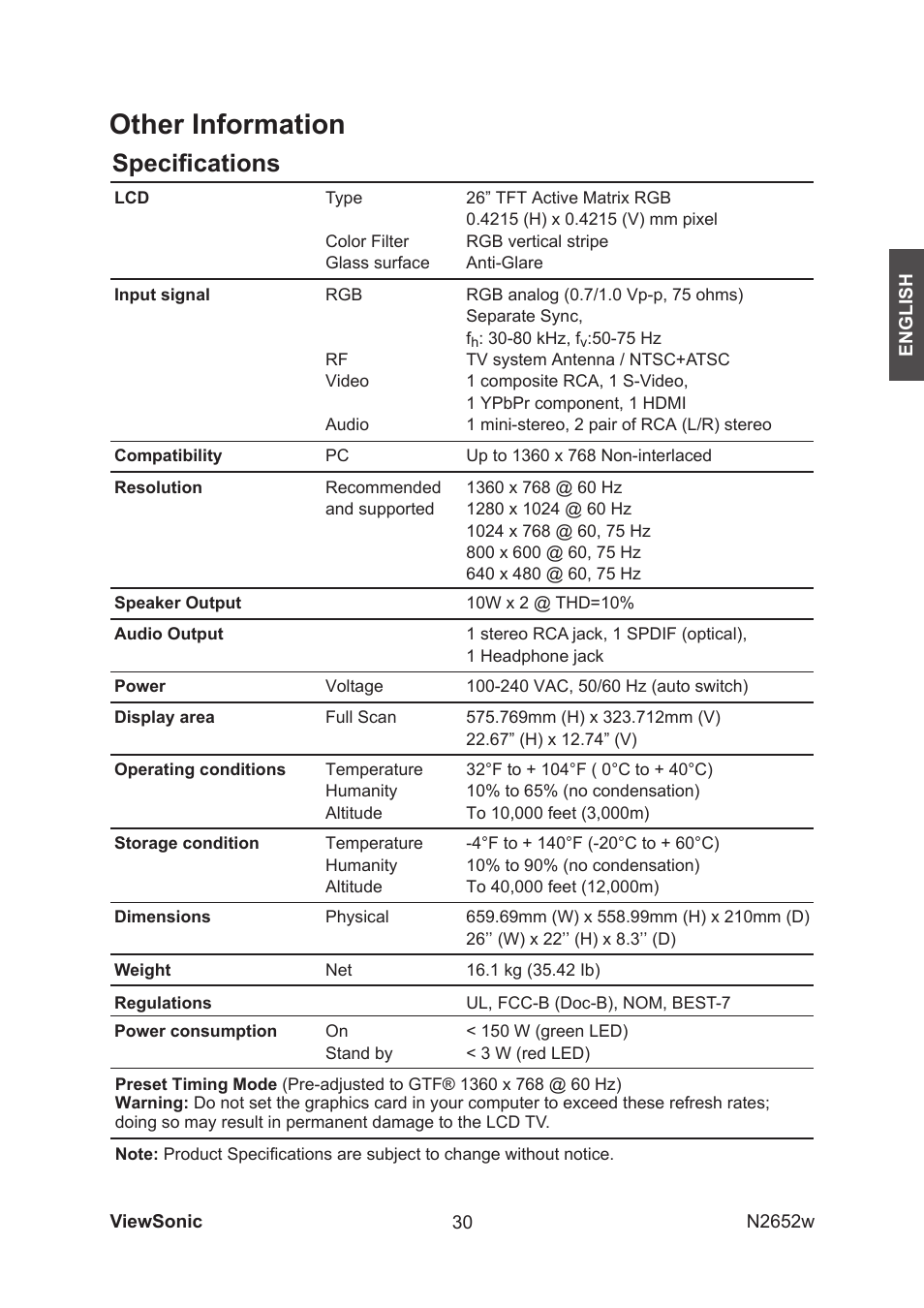 Other information, Speciﬁcations | VIEWSONIC VS11620-1M User Manual | Page 32 / 36